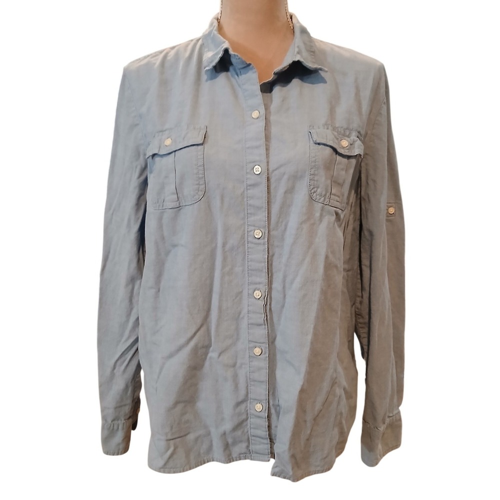 Tommy Hilfiger XXL Womens Light Blue Chambray Roll Sleeve Button Down Shirt Flaw